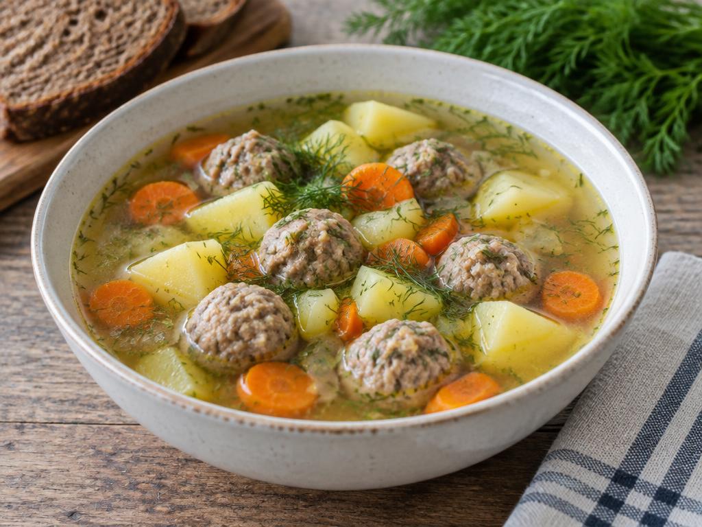 Dārzeņu zupa ar frikadelēm — gatavs ēdiens