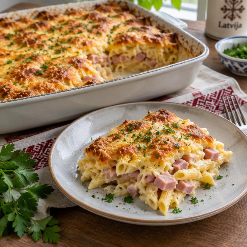 Makaronu gratins ar šķiņķi un sieru