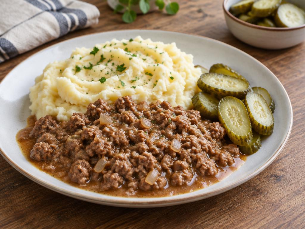 Maltās gaļas mērce ar kartupeļu biezeni — gatavs ēdiens